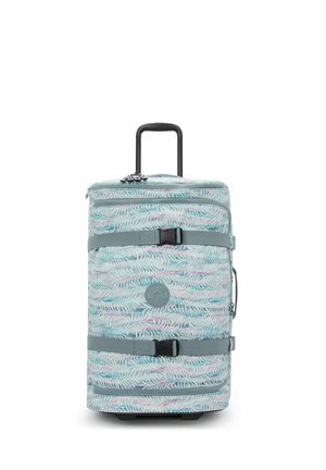 Rolling suitcase with a pale blue background and white leaf-pattern, featuring a retractable black handle and grey straps for securing contents.