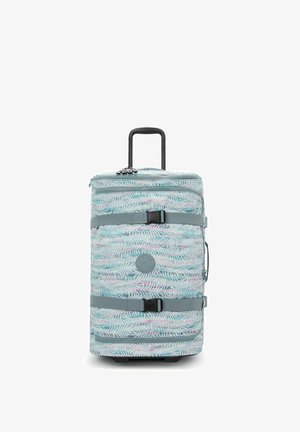 Rolgolf met een lichtblauwe achtergrond en een wit bladpatroon, voorzien van een uittrekbare zwarte handgreep en grijze banden voor het veiligstellen van de inhoud.