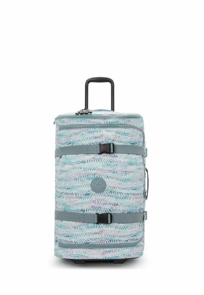 Rolling suitcase with a pale blue background and white leaf-pattern, featuring a retractable black handle and grey straps for securing contents.