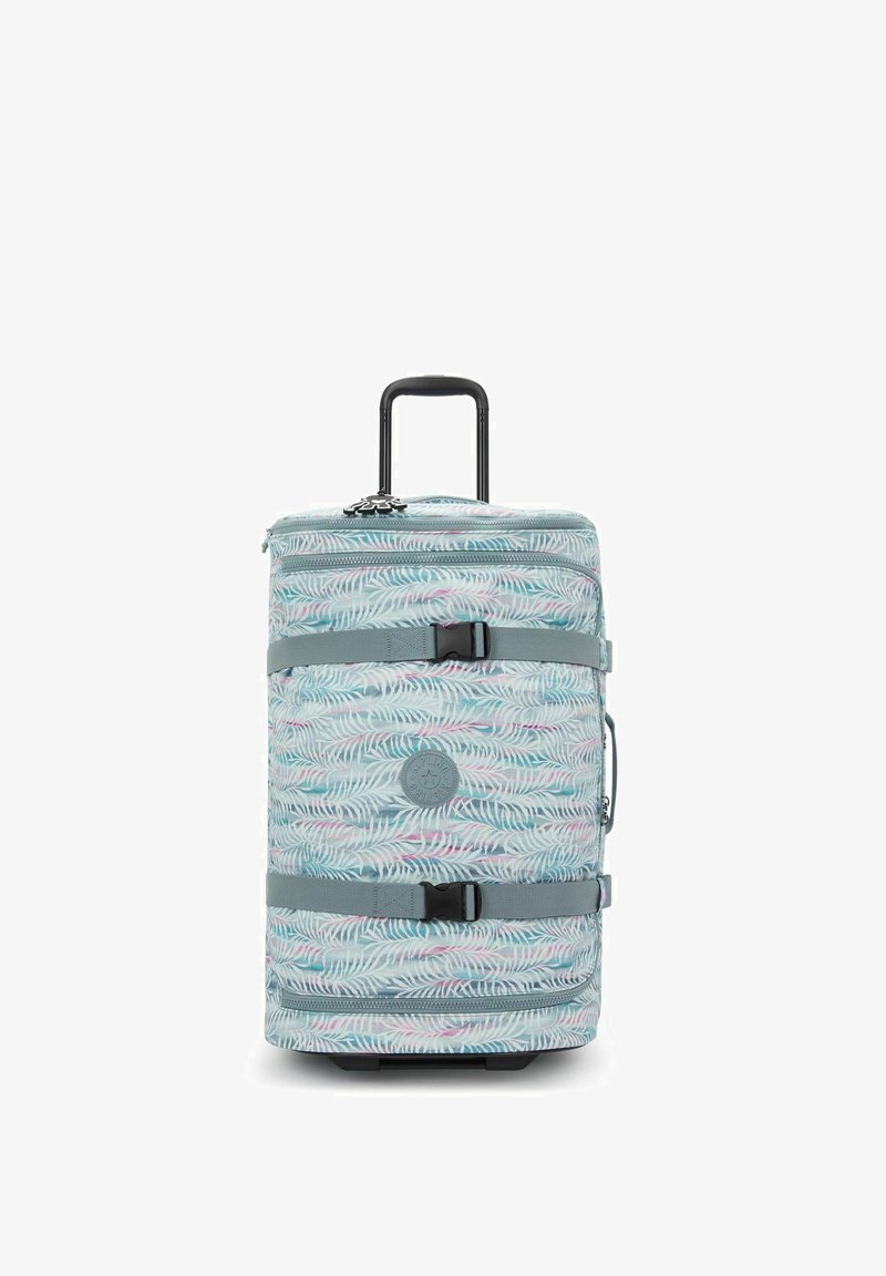 Rolgolf met een lichtblauwe achtergrond en een wit bladpatroon, voorzien van een uittrekbare zwarte handgreep en grijze banden voor het veiligstellen van de inhoud.