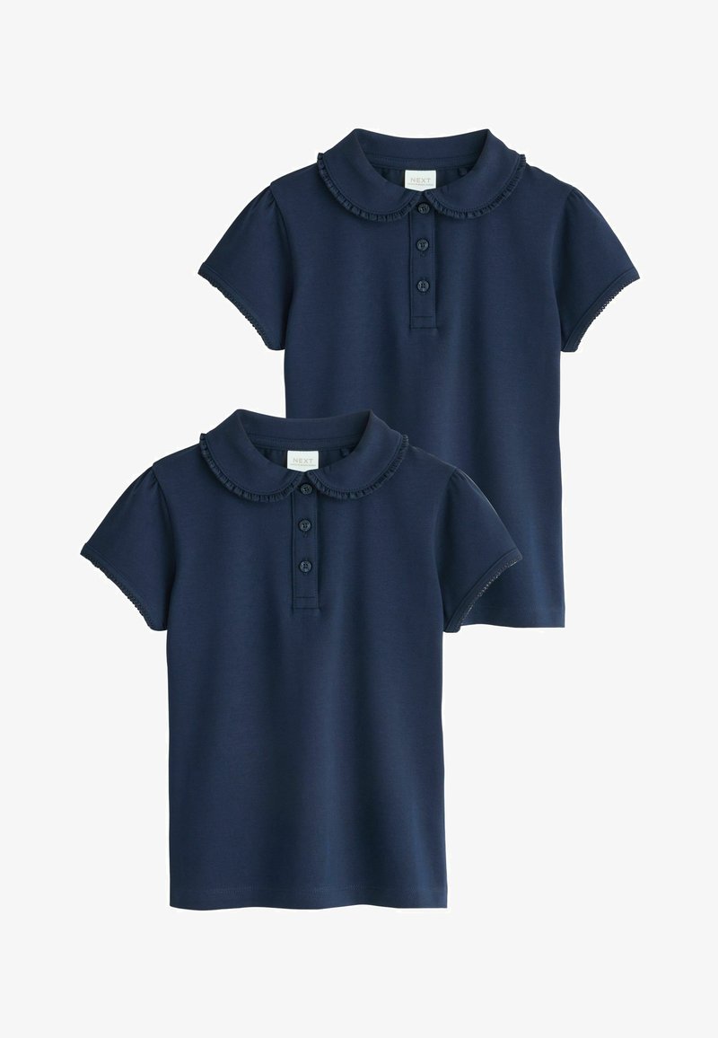 Deux polos pour filles à manches courtes bleu marine avec col Peter Pan à volants et patte de boutonnage à trois boutons.