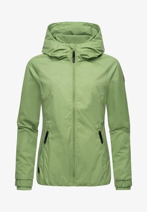 Svijetlozeleni, izolirani kaput s kapuljačom, prednjim zatvaračem, elastičnim manžetama i dva zatvorena džepa, s glatkom, mat finishom.