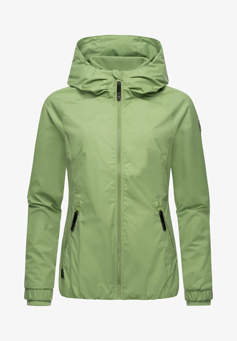 Ljusgrön, isolerad jacka med huva, blixtlåsförsedd framtill, elastiska ärmslut och två fickor med dragkedja, med en slät, matt yta.