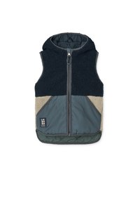 Fleecegefütterte Kapuzenweste mit navy blauem oberen Teil, beigen und dunkelgrünen unteren Abschnitten, Frontreißverschluss und beschichtetem Saum. Mit Logo-Patch.