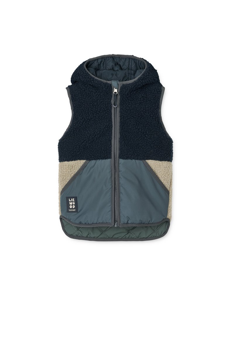 Fleecegefütterte Kapuzenweste mit navy blauem oberen Teil, beigen und dunkelgrünen unteren Abschnitten, Frontreißverschluss und beschichtetem Saum. Mit Logo-Patch.