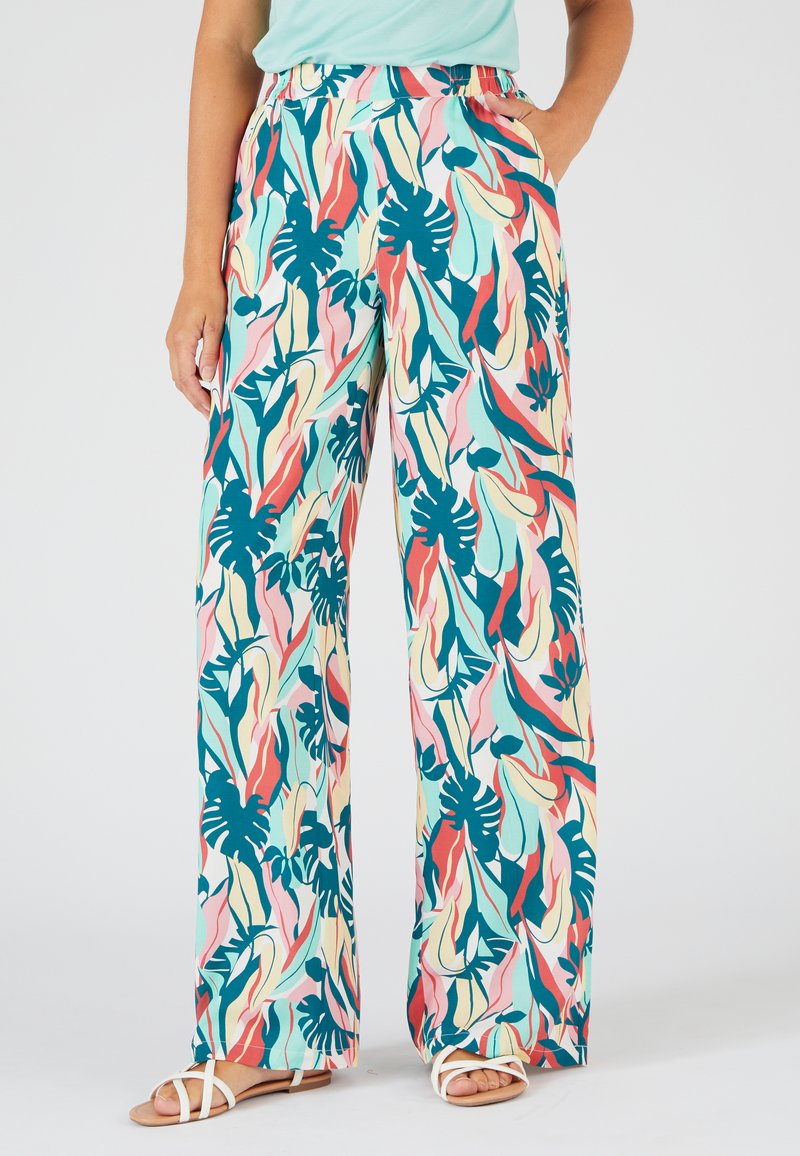 Pantalons légers à jambes larges avec un motif tropical dans des teintes de teal, rose et crème. Taille élastique et poches latérales incluses.
