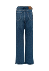 Wijduitlopende spijkerbroeken van blauwe denim met een leren label aan de achterkant, twee achterzakken en een standaard tailleband zonder versieringen.