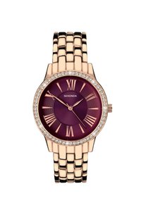 Sekonda Uhr mit einem runden lila Zifferblatt, Gehäuse aus roségold, römischen Ziffern und einem mit Kristallen verzierten Rahmen, an einem Armband aus roségoldenen Gliedern.