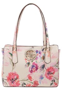 Blommönstrad handväska i kremfärgad syntetisk väv, med en silverfärgad logomedaljong, dubbla handtag och livfulla akvarellblommor.