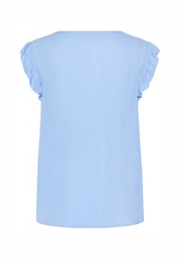 Haut bleu clair à manches courtes avec des bords volants, col rond et texture lisse. Le dos présente un design simple et épuré.