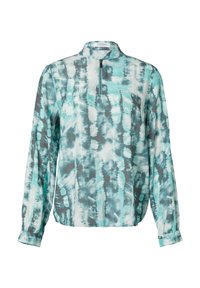 Langärmlige Bluse in einem hellen Teal-Tie-Dye-Muster, aus glattem Stoff gefertigt, mit Stehkragen und einem Halbreißverschluss auf der Vorderseite.