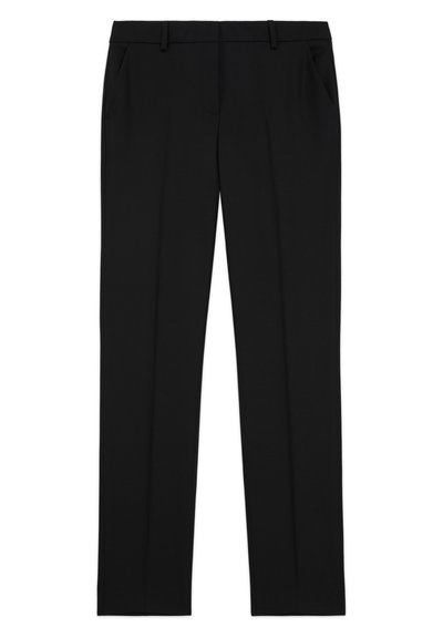 Schwarze maßgeschneiderte Hose mit glatter Textur, featuring einen flachen Vorderteil, zwei Seitentaschen und einem klassischen geraden Bein.