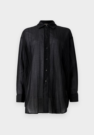 Black long-sleeve shirt with a button-down collar, featuring a lightweight, textured fabric and vertical stripe pattern.