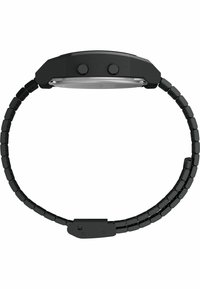 Schwarze Armbanduhr mit einem stabilen Metallarmband und einem runden Gehäuse. Zwei Druckknöpfe an der Seite und ein glattes, spiegelndes Ziffernblatt.