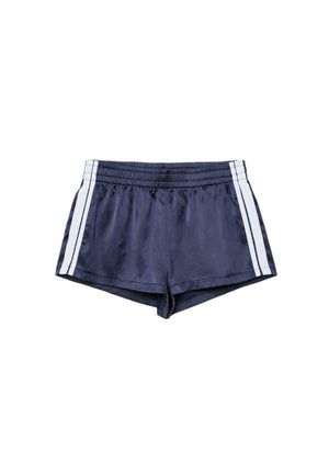 Shorts de sport bleu marine avec taille élastique et deux bandes blanches verticales de chaque côté.