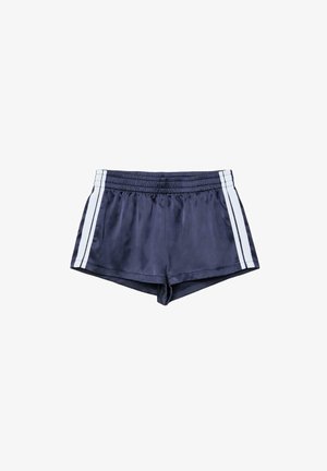 Shorts de sport bleu marine avec taille élastique et deux bandes blanches verticales de chaque côté.