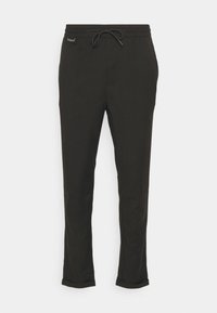 Pantalons de jogging noirs avec une taille élastique, fermeture à cordon et ourlets roulés. Tissu doux et design minimaliste.