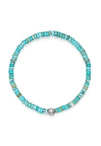 Turquoise bead necklace featuring round and square beads in varying shades of blue and green, with a decorative silver clasp at the center.