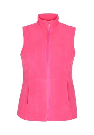 Fleece-Weste in leuchtendem Pink, ärmelloses Design, hoher Kragen, durchgängiger Reißverschluss und zwei seitliche Taschen. Glatte Textur mit gleichmäßiger Oberfläche.