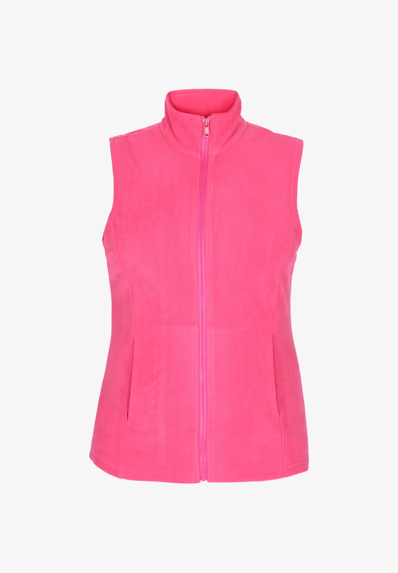 Fleece-Weste in leuchtendem Pink, ärmelloses Design, hoher Kragen, durchgängiger Reißverschluss und zwei seitliche Taschen. Glatte Textur mit gleichmäßiger Oberfläche.