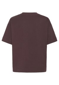 Smeđi kratki rukav T-shirt od mekog pamučnog materijala, s okruglim izrezom i opuštenim krojem, s glatkom teksturom. Bez uzoraka ili ukrasa.