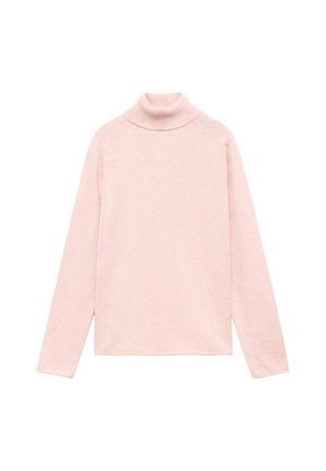 Pull à col roulé rose clair en tissu doux. Il présente des manches longues et un design ajusté avec un col côtelé.
