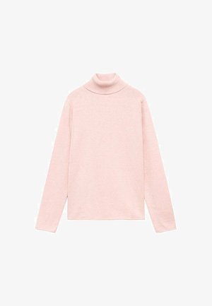 Maglione a collo alto rosa chiaro realizzato in tessuto morbido. Presenta maniche lunghe e un design aderente con un colletto a coste.
