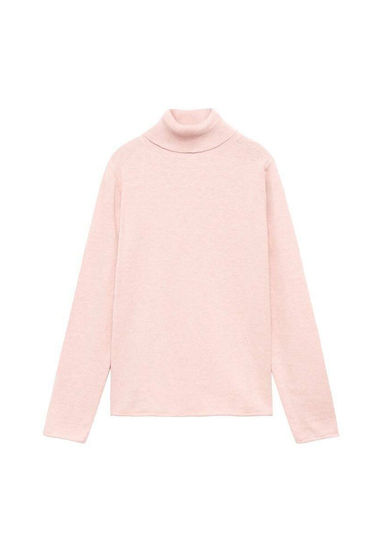 Svetlo roza turtleneck pulover izdelan iz mehke tkanine. Ima dolge rokave in prilegajoč dizajn z rebrastim ovratnikom.