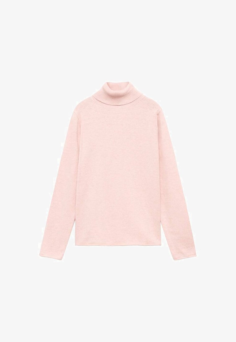 Pulover cu guler înalt de culoare roz deschis, confecționat dintr-un material moale. Are mâneci lungi și un design ajustat cu un guler riburat.