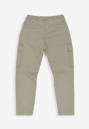 Khaki cargo pants with an elastic waistband, two side cargo pockets, and two back pockets. Smooth cotton material with a streamlined fit.