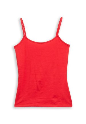 Red cotton tank top with thin straps, form-fitting design, smooth texture, and straight hem. No patterns or additional embellishments.