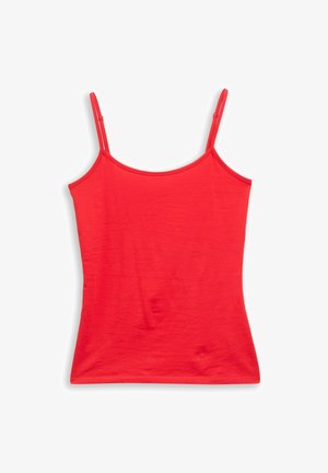 Red cotton tank top with thin straps, form-fitting design, smooth texture, and straight hem. No patterns or additional embellishments.