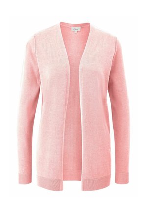 Roze cardigan van zacht breimateriaal. Open voorkant ontwerp met lange mouwen en ribbelmanchetten. Glad textuur, geen zichtbare patronen.