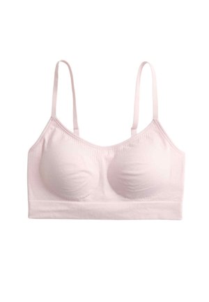 Polstret bralette i blødt lyserødt stof med justerbare stropper, sømløst design og ribbet underbånd for støtte.