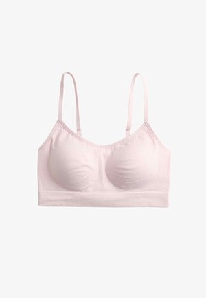 Polstret bralette i blødt lyserødt stof med justerbare stropper, sømløst design og ribbet underbånd for støtte.
