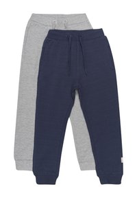 Twee paren joggingsbroeken: een marineblauwe met een elastische tailleband en strikkoord, en een lichtgrijze. Beide hebben manchetten bij de enkels.