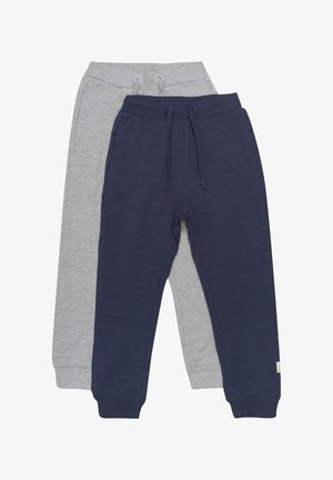 Zwei Paar Jogginghosen: eine marineblaue mit elastischem Bund und Kordelzug, und eine hellgraue. Beide haben Bündchen an den Knöcheln.