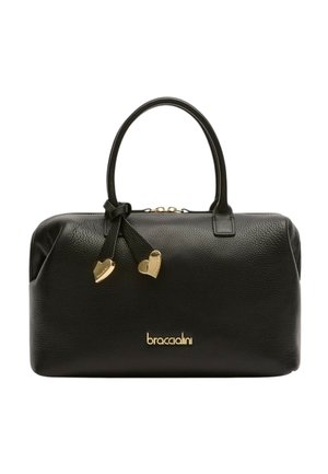 Borsa a mano in pelle nera testurizzata con due manici, charm a forma di cuore dorati e logo "braccialini" dorato sul davanti.
