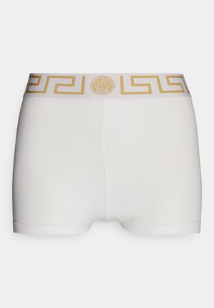 Fehér pamut boxer alsónadrág széles arany és fehér görög kulcs mintázatú derékpánttal, középen Medúza logóval.