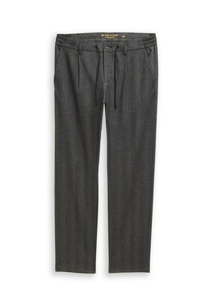 Pantaloni grigio scuro a taglio dritto con elastico in vita, bottone frontale, coulisse e tasche laterali, taglia 48 regular.