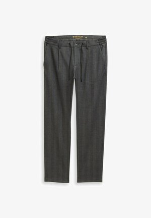 Pantaloni grigio scuro a taglio dritto con elastico in vita, bottone frontale, coulisse e tasche laterali, taglia 48 regular.
