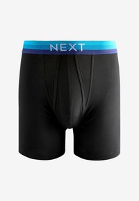 Fekete boxer alsónadrág sima textúrával, kék és lila csíkos derékrésszel, amelyen a "NEXT" logó található. Klasszikus, testhezálló fazon.