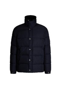 Giubbotto puffer blu navy con alto colletto, texture trapuntata, bottoni a pressione e tasche laterali. Realizzato in materiale leggero e isolante.