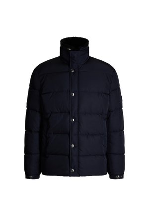 Marineblaue Steppjacke mit hohem Kragen, genähter Struktur, Druckknöpfen und seitlichen Taschen. Hergestellt aus leichtem, isoliertem Material.