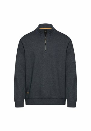 Mørkegrå langærmet pullover med kvartlynlås foran, ståkrave, ribmanchetter og en lille lomme på den øverste venstre ærme.