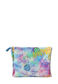 Pochette en tissu multicolore avec un motif tie-dye, comprenant du texte et des smileys. Fermeture éclair avec un tirette bleue.