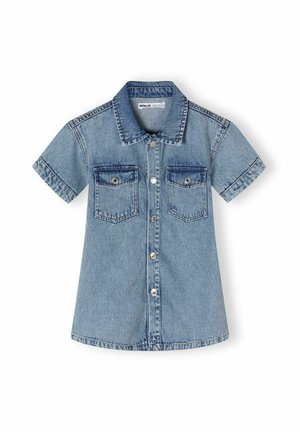 Short-sleeve denim shirt, light blue, with button-up front, two chest pockets, and contrast stitching. Smooth texture, classic collar design.