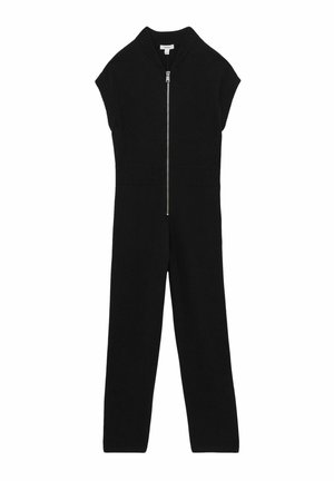 Sort ærmeløs strikket jumpsuit med lynlås foran, ribbet krave, manchetter og taljebånd.