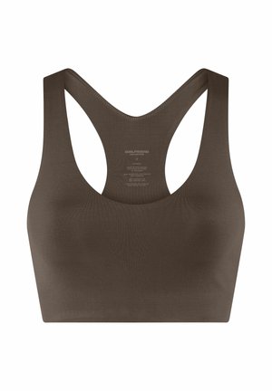 Sømløs, mørkebrun sports-bh med racerback-design, mykt stoff og diskret indre merkeetikett.