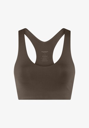 Sømløs, mørkebrun sports-bh med racerback-design, mykt stoff og diskret indre merkeetikett.